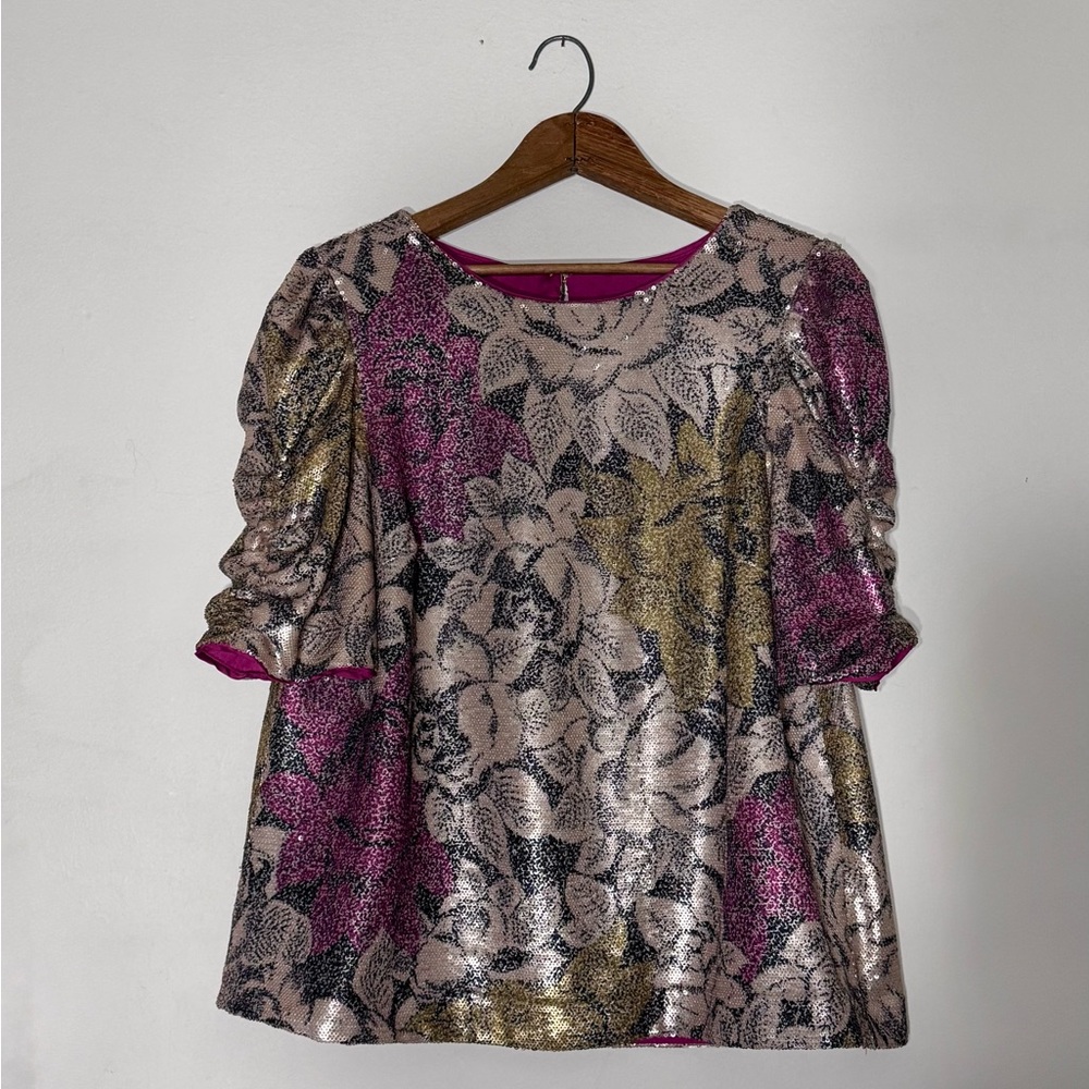 Anthropologie Pink Silver Gold Marie Floral Blouse